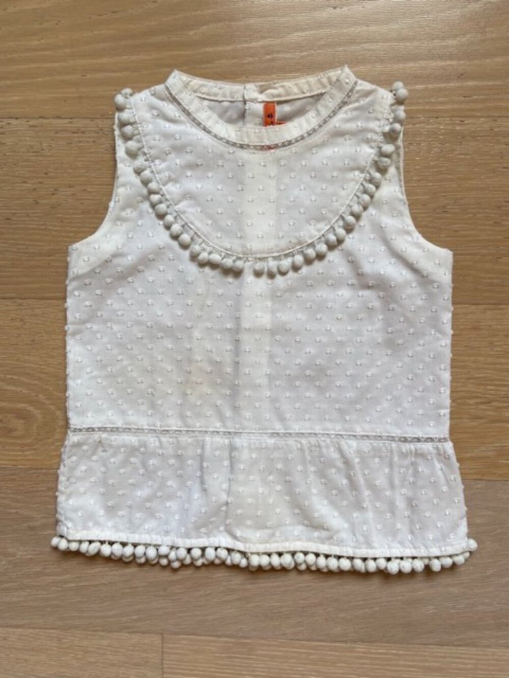 Kule, Toddler 2T White cotton plumetis blouse with pompoms and lace details